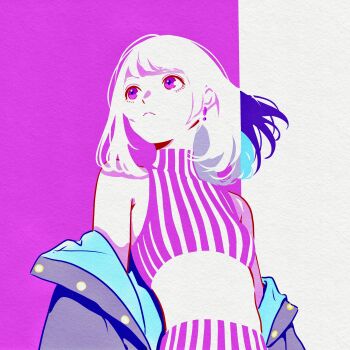 Rule 34 | 1girl, absurdres, closed mouth, commentary, crop top, earrings, english commentary, firework japan, highres, jacket, jewelry, limited palette, looking up, medium hair, midriff, off shoulder, original, pants, pink background, pink eyes, pink pants, pink shirt, purple jacket, shirt, solo, striped clothes, striped pants, striped shirt, upper body, vertical-striped clothes, vertical-striped pants, vertical-striped shirt, white hair