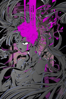 1girl absurdres arm_tattoo biting bleeding blood blood_in_mouth bloody_tears candy chocolate chocolate_bar collared_shirt crying crying_with_eyes_open food guro habaratatsuki halftone hatsune_miku highres injury kusare_gedou_to_chokorewito_(vocaloid) long_hair necktie open_mouth partially_colored pink_blood shirt solo song_name tattoo tears torn_clothes torn_shirt twintails very_long_hair vocaloid