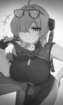 1girl absurdres blush breasts china_dress chinese_clothes clothing_cutout dress eyewear_on_head fingerless_gloves gloves hair_over_one_eye hand_fan hand_on_own_hip highres large_breasts leaning_forward looking_at_viewer monochrome namikare short_twintails side_slit single_fingerless_glove smile solo sweety_(zenless_zone_zero) thighs twintails underboob_cutout yum_cha_sin_shopkeeper zenless_zone_zero
