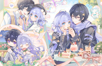 1boy 1girl :d ^_^ ahoge black_hair black_jacket black_shoes blue_eyes blue_hair bubble_tea cake cake_slice chibi closed_eyes closed_mouth collared_shirt cookie cup double-parted_bangs drinking_glass feeding food hair_between_eyes holding holding_cookie holding_food jacket long_hair long_sleeves mihuashi_username multiple_views necktie open_mouth original pants parfait parted_lips purple_eyes purple_necktie shirt shoes short_hair smile sweater_vest table watermark white_pants white_shirt xun_xun_xiaolongbao yellow_sweater_vest
