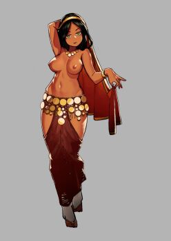 1girl arm_behind_head arm_up bare_shoulders bracelet breasts clothing_request dark-skinned_female dark_green_hair dark_skin gold_bracelet green_eyes green_hair grey_background grey_pupils hamama2 hatching_(texture) holding indian jewelry long_hair navel necklace original simple_background solo