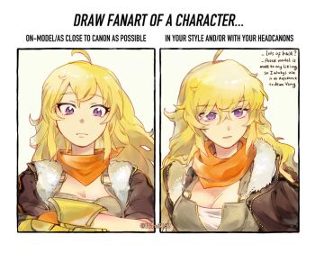 1girl ahoge bandeau blonde_hair breasts character_name cleavage closed_mouth crossed_arms english_text hair_between_eyes highres hiru315 jacket long_hair looking_at_viewer multiple_drawing_challenge on-model_vs_in_your_style_challenge orange_scarf prosthesis prosthetic_arm purple_eyes rwby scarf simple_background solo twitter_username upper_body yang_xiao_long