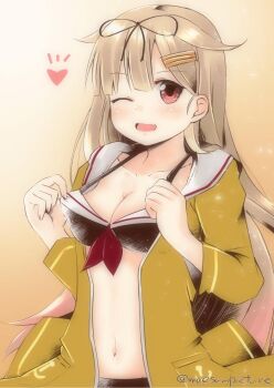 1girl alternate_costume artist_name bikini bikini_top_only blonde_hair blush breasts cleavage coat collarbone commentary_request female_focus hair_between_eyes hair_flaps hair_ornament hair_ribbon heart kantai_collection long_hair looking_at_viewer mae_(maesanpicture) medium_breasts navel one_eye_closed open_mouth pulling red_eyes ribbon simple_background solo swimsuit very_long_hair yellow_coat yuudachi_(kancolle) yuudachi_kai_ni_(kancolle) yuudachi_kai_ni_(swimsuit)_(kancolle)
