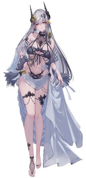 1girl :t absurdres alternate_costume amulet anklet arknights armlet bare_shoulders barefoot bikini black_bikini black_horns blush breasts cleavage closed_mouth collarbone earrings flower full_body grey_hair grey_sarong groin hair_ornament hand_on_own_hip hashtag-only_commentary head_tilt highleg highleg_bikini highres horn_ornament horns huge_breasts jewelry knees_together_feet_apart kuroroui layered_bikini long_hair looking_at_viewer material_growth mudrock_(arknights) multi-strapped_bikini_top navel oripathy_lesion_(arknights) pointy_ears pout red_eyes ring sarong sidelocks simple_background solo standing stomach swimsuit thigh_strap thighs underboob very_long_hair white_background