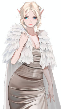 Rule 34 | 1girl, absurdres, blonde hair, blue eyes, breasts, cape, cleavage, commentary, english commentary, feathers, highres, looking at viewer, ori dal, original, pointy ears, shiny clothes, simple background, small breasts, solo, standing, white background, white cape, white feathers