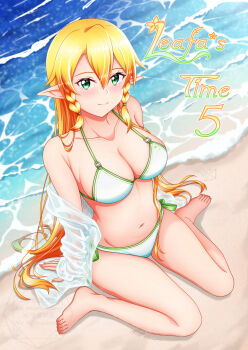 1girl beach bikini blonde_hair breasts comiket_106 commentary_request cover green_eyes highres ken-ji large_breasts leafa_(sao) long_hair looking_at_viewer navel ocean pointy_ears see-through_clothes see-through_shirt shirt sitting solo swimsuit sword_art_online very_long_hair wariza water waves white_bikini