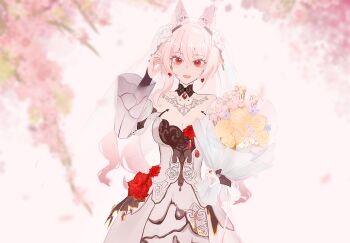 Rule 34 | 1girl, blurry, bouquet, breasts, chinese commentary, cleavage, commentary request, detached sleeves, dress, earrings, flower, hair flower, hair ornament, highres, holding, holding bouquet, honkai (series), honkai impact 3rd, jewelry, large breasts, lin yu jin, long hair, luna (honkai impact), luna (till death do us part) (honkai impact), official alternate costume, red eyes, smile, solo, very long hair, white dress, white hair