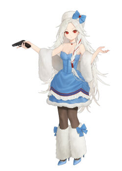 Rule 34 | 1girl, absurdres, blue bow, blue dress, blue shorts, bow, breasts, brown pantyhose, cleavage, closed mouth, collarbone, commentary, dress, feather boa, frilled dress, frills, full body, fur-trimmed dress, fur hat, fur trim, gem, girls' frontline, gun, hat, hat bow, high heels, highres, holding, holding gun, holding weapon, jewelry, kir (khw66136132), layered dress, leg warmers, long hair, looking at viewer, makarov (girls' frontline), multicolored hair, necklace, pantyhose, papakha, red eyes, red gemstone, red hair, shorts, simple background, small breasts, solo, standing, star (symbol), star necklace, strapless, strapless dress, streaked hair, trigger discipline, two-tone hair, very long hair, weapon, white background, white hair, white hat