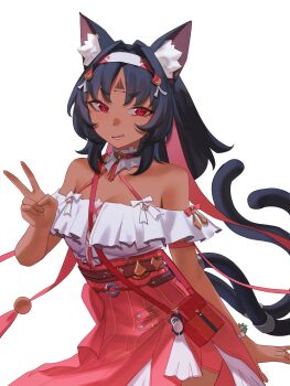 1girl absurdres animal_ear_fluff animal_ears aragiken bag black_hair bracelet cat_ears cat_girl cat_tail collar commentary cosplay cowboy_shot dark-skinned_female dark_skin detached_sleeves english_commentary frilled_collar frilled_sleeves frills hair_ornament headband highres jewelry long_skirt multiple_tails nekomiya_mana official_alternate_costume red_eyes skirt strap tail two_tails v white_background ye_shunguang ye_shunguang_(cosplay) ye_shunguang_(touch_of_dawnlight) zenless_zone_zero