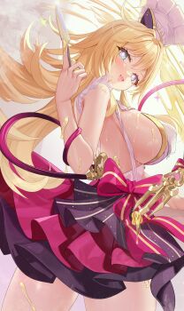 +_+ 1girl absurdres apron aqua_eyes blonde_hair blush bow skirt_bow breasts chef_hat commentary_request cowlick dress escoffier_(genshin_impact) fang floating_hair frilled_apron frills from_side genshin_impact glint hand_up hat highres holding holding_knife knife large_breasts long_hair looking_at_viewer open_mouth sideboob skin_fang skirt solo sparkle standing sweat table_knife thighs toque_blanche two-tone_skirt very_long_hair white_apron white_hat zhongwu_chahui