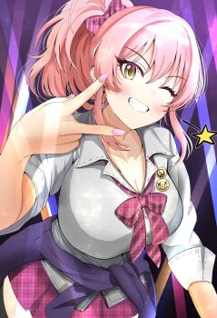 1girl blush bow bowtie breasts cleavage clothes_around_waist collarbone grin hair_between_eyes hair_bow highres idolmaster idolmaster_cinderella_girls jacket jacket_around_waist jougasaki_mika large_breasts long_hair looking_at_viewer one_eye_closed pink_bow pink_bowtie pink_hair pink_skirt ponytail purple_jacket shingi_(truth_fakesingi) shirt skirt sleeves_rolled_up smile solo v white_shirt yellow_eyes