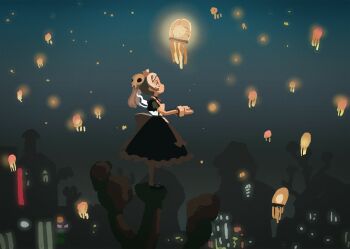 1girl adapted_costume apron bloody_marie_(skullgirls) blue_background brooch dress frilled_apron frills from_side full_body grey_hair hair_ornament highres jewelry kuroirozuki lantern looking_up maid_headdress paper_lantern puffy_short_sleeves puffy_sleeves red_eyes short_sleeves skull_hair_ornament skullgirls sky_lantern smile solo standing twintails