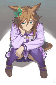 1girl ahoge animal_ears blue_eyes bow bowtie breasts brown_hair closed_mouth ear_bow green_bow hair_between_eyes hair_ornament hairclip head_rest highres horse_ears horse_girl horse_tail long_hair long_sleeves looking_at_viewer mr._c.b._(umamusume) mukakin pleated_skirt purple_sailor_collar purple_serafuku purple_shirt purple_skirt purple_thighhighs sailor_collar sailor_shirt school_uniform serafuku shirt sitting skirt smile tail thighhighs tracen_school_uniform umamusume white_bow white_bowtie