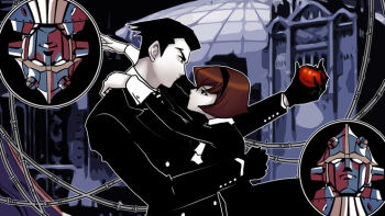 1boy 1girl android bad_id bad_pixiv_id big_o_(mecha) black_eyes black_gloves black_hair bob_cut butcher_shop couple food formal_clothes gloves height_difference hetero hug kannazuki_no_miko miko_embrace pale_skin parody petite r_dorothy_wayneright red_hair roger_smith short_hair suit the_big_o tomato