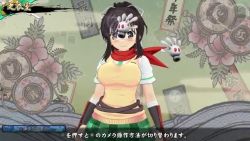 1girl 3d abstract_background animated asuka_(senran_kagura) black_hair blush bouncing_breasts breasts game_console gauntlets kiss looking_at_viewer playstation_4 scarf school_uniform senran_kagura senran_kagura_estival_versus sound tagme video white_background yellow_eyes