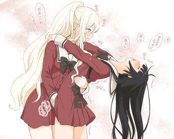 2girls arched_back arm_around_waist arms_around_neck black_bow black_hair blonde_hair blue_eyes bow breasts closed_eyes commentary_request fingering highres kirishima_shizuku kurosawa_karura long_hair long_sleeves multiple_girls ponytail school_uniform serafuku shitogi_eris sono_hanabira_ni_kuchizuke_wo st._michael&#039;s_school_uniform translation_request yuri