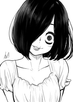 1girl absurdres alternate_hair_length alternate_hairstyle breasts commentary crazy_eyes english_commentary facial_scar head_tilt highres lughost medium_hair parted_lips scar scar_on_cheek scar_on_face scar_on_mouth signature small_breasts smile solo the_ring upper_body yamamura_sadako