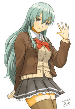 Rule 34 | 1girl, aqua eyes, aqua hair, blazer, blush, bow, bowtie, breasts, brown cardigan, brown jacket, brown skirt, brown thighhighs, cardigan, commentary request, cowboy shot, dated, frilled skirt, frills, hair ornament, hairclip, highres, jacket, kantai collection, large breasts, long hair, looking at viewer, open cardigan, open clothes, pleated skirt, red bow, red bowtie, school uniform, shirt, skirt, smile, solo, suzuya (kancolle), suzuya kai ni (kancolle), thighhighs, twitter username, wanramiru, white shirt
