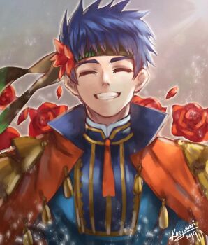 1boy 2019 blue_hair closed_eyes commentary english_commentary fire_emblem fire_emblem:_path_of_radiance fire_emblem_heroes flower grin headband ike_(fire_emblem) ike_(valentine)_(fire_emblem) kaejunni male_focus nintendo official_alternate_costume short_hair smile solo upper_body