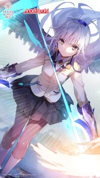 Rule 34 | 1girl, angel, angel beats!, angel wings, aura, black skirt, closed mouth, collared shirt, commentary, copyright logo, copyright notice, dual wielding, dutch angle, english commentary, feathers, feet out of frame, fighting stance, floating hair, glowing, glowing sword, glowing weapon, hair between eyes, half updo, hand sonic, heaven burns red, highres, holding, holding sword, holding weapon, jacket, key (company), kneehighs, lens flare, light particles, logo, long hair, long sleeves, looking at viewer, miniskirt, neck ribbon, official art, official wallpaper, pleated skirt, ponytail, ribbon, school uniform, serious, shirt, skirt, socks, solo, standing, sword, tachibana kanade, v-shaped eyebrows, weapon, white feathers, white hair, white shirt, white socks, white wings, wings, yellow eyes, yellow jacket, yellow ribbon