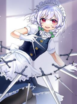 Rule 34 | 1girl, apron, between fingers, black pantyhose, bow, braid, commentary, gloves, green bow, grey hair, hair bow, highres, holding, holding knife, izayoi sakuya, knife, knives between fingers, long hair, looking at viewer, maid, maid headdress, mayu25, open mouth, pantyhose, puffy short sleeves, puffy sleeves, red eyes, short sleeves, smile, solo, touhou, twin braids, waist apron, white apron, white gloves