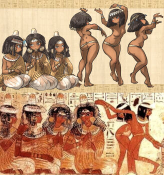 6+girls absurdres ancient_egyptian ancient_egyptian_clothes ass black_hair breasts commentary dancing dark-skinned_female dark_skin english_commentary headband highres instrument ironlily long_hair medium_hair multiple_girls music nipples original photo-referenced playing_instrument reference_inset sitting small_breasts smile