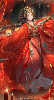 1girl beads black_hair bow candle character_request chinese_clothes chinese_commentary closed_mouth commentary_request crown curtains eyelashes falling_petals fire floating_clothes floating_hair floral_print frilled_hanfu full_body fulushouxijixiangcha gold_crown hair_rings hanfu highres holding holding_sword holding_weapon indoors jewelry lipstick liquid_from_eyes long_hair long_sleeves looking_ahead low-tied_long_hair low_ponytail makeup necklace nikki_(series) petals ponytail red_bow red_hanfu red_lips red_robe robe rose_petals shining_nikki solo stage sword very_long_hair watermark weapon weibo_watermark wide_sleeves wooden_floor wuxia yellow_eyes zhengban_qing_tuanzi