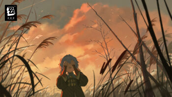 1girl absurdres blue_hair child copyright_logo copyright_name covering_own_eyes goat_girl goat_horns gradient_sky highres horns logo long_sleeves lucia_elowen official_art open_mouth pointy_ears short_hair sky solo susuki_grass zenless_zone_zero