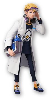 1boy 3d absurdres artist_request beard_stubble black_pants black_shirt black_sleeves blonde_hair blue_shoes blueprint_(object) book burton_(adult)_(ninjala) burton_(ninjala) capri_pants character_name coat crew_neck cross-laced_shoes english_text facial_hair fingernails fluffy_hair full_body glasses gungho hair_between_eyes headphones headphones_around_neck highres holding holding_book lab_coat laces lapels legs_apart light_smile lips logo_print long_hair looking_at_viewer lowered_eyelids male_focus mature_male multicolored_shoes name_tag ninjala nose notched_lapels official_art orange_shoes pamphlet pants pocket print_shirt purple-framed_eyewear purple_eyes second-party_source semi-rimless_eyewear shirt shoes short_hair sideburns simple_background sneakers solo standing stubble tachi-e thick_eyebrows transparent_background undercut unworn_eyewear white_coat white_sleeves wide_sleeves