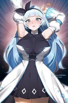 1girl absurdres arms_up black_bow black_dress black_hairband blue_hair blunt_bangs bow bow_hairband breasts detached_sleeves dress grey_eyes hairband highres large_breasts long_hair long_sleeves looking_at_viewer magician_(ice_lightning) maplestory open_mouth sleeveless sleeveless_dress solo surprised svet_yomi thighs