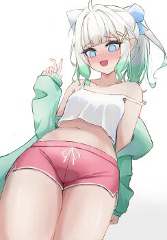 Rule 34 | 1girl, @ @, absurdres, aqua hair, blue eyes, blush, breasts, densetsu.exe, fang, gradient hair, hashtag-only commentary, highres, immakms zzz, looking at viewer, medium hair, mint fantome, mint fantome (otaku), multicolored hair, open mouth, pink shorts, shirt, shorts, skin fang, small breasts, solo, virtual youtuber, white hair, white shirt