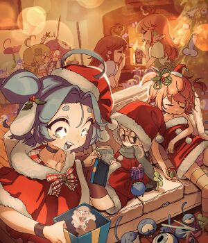 Rule 34 | 6+girls, ahoge, bandaid, bandaid on face, bandaid on nose, black choker, blue hair, bow, bowtie, box, cameltoe, capelet, character request, choker, christmas, christmas tree, chromashift, closed eyes, commentary, couch, dress, drooling, english commentary, fireplace, fur trim, fuyo cloverfield, gift, gift box, glasses, green hair, half-closed eyes, hat, highres, indoors, kiss, lens flare, lucky charm (fuyo cloverfield), lying, mistletoe, multiple girls, on couch, open mouth, orange hair, panties, parted bangs, phallic symbol, pink hair, pink panties, pointy ears, reading, red hair, round eyewear, sahelanthropus (latinxedgelord), santa costume, santa dress, santa hat, sitting, sleeping, sparkling eyes, teeth, thighhighs, two side up, underwear, upper teeth only, upskirt, virtual youtuber, yuri
