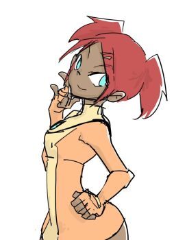 1girl blue_eyes breasts dark_skin dark-skinned_female female_focus red_hair sari_sumdac smile solo transformers transformers_animated