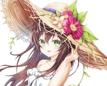 1girl :d adjusting_hair bare_shoulders blue_ribbon brown_hair collarbone commentary_request dasima dot_nose double-parted_bangs dress flower frilled_shirt_collar frills green_eyes hair_between_eyes hand_in_own_hair hand_up hat hat_flower hat_ornament hat_ribbon leaf_hat_ornament light_blush long_bangs long_hair long_sidelocks looking_at_viewer open_mouth original pink_flower ribbon sidelocks simple_background sleeveless sleeveless_dress smile solo straw_hat sun_hat sundress upper_body white_background white_dress yellow_flower