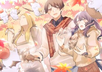 1other 2boys asahi_sas_brutus au_ra autumn autumn_leaves black_horns black_scales black_tail bowl_cut closed_eyes commission commissioner_upload falling_leaves final_fantasy final_fantasy_xiv food highres holding holding_tongs hood hoodie horns leaf moogle multiple_boys outdoors roasted_sweet_potato scarf sikiso_soso skeb_commission steam sweet_potato tongs tree warrior_of_light_(ff14) zenos_yae_galvus