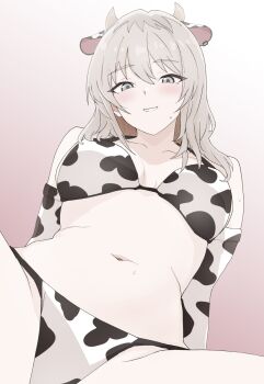 1girl animal_ears animal_print bikini blush commentary_request cow_print cow_print_bikini fake_animal_ears fake_horns girls_band_cry grey_eyes grey_hair highres horns kawaragi_momoka long_hair looking_at_viewer multicolored_hair n_nai_nai_n navel open_mouth print_bikini roots_(hair) solo stomach swimsuit