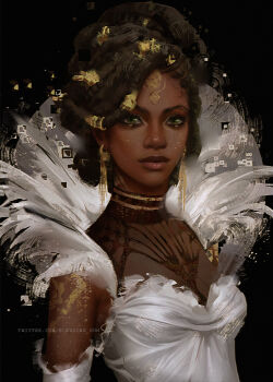 1girl arcane:_league_of_legends black_background black_hair bleeding_sun brown_lips closed_mouth dark-skinned_female dark_skin dreadlocks dress formal_clothes freckles green_eyes highres league_of_legends looking_ahead mel_(league_of_legends) simple_background smile solo twitter_username upper_body watermark web_address white_dress