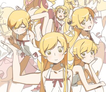 1girl ass bare_shoulders blonde_hair blush clothes_lift donut dress dress_lift multiple_expressions flat_chest food happy head_rest highres ichisannyonn long_hair looking_at_viewer monogatari_(series) multiple_views open_mouth oshino_shinobu sad sketch sleeveless sleeveless_dress smile white_dress wind wind_lift yellow_eyes