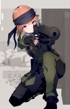 1girl bandana big_boss black_bandana black_boots black_gloves boots commentary commission cosplay english_commentary fingerless_gloves gloves green_jacket green_pants gun handgun highres holding holding_gun holding_weapon jacket jewelry looking_at_viewer metal_gear_(series) metal_gear_solid_3:_snake_eater mineta_naoki mk_22_mod_0 naked_snake naked_snake_(cosplay) orange_hair pants pink_eyes pistol s&amp;w_model_39 skeb_commission solo takanashi_kiara virtual_youtuber weapon