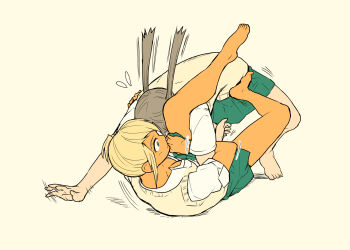 2girls blonde_hair jiu-jitsu multiple_girls skirt wrestling
