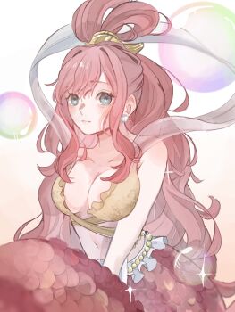 1girl bikini blue_eyes blush breasts bubble cleavage closed_mouth commentary_request earrings fish_hair_ornament hagoromo hair_ornament half_updo highres jewelry looking_at_viewer mermaid monster_girl one_piece pink_hair shawl shell shell_earrings shirahoshi sidelocks solo swept_bangs swimsuit u_mi031 yellow_bikini