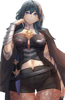 Rule 34 | 1girl, absurdres, amausa subee, blue eyes, blue hair, bodice, breasts, bustier, clothing cutout, commentary request, dagger, female byleth (fire emblem), fire emblem, fire emblem: three houses, hair between eyes, hand up, head rest, highres, knife, lace, lace pantyhose, large breasts, medium hair, midriff, navel, navel cutout, nintendo, pantyhose, pantyhose under shorts, patterned legwear, print pantyhose, shorts, smile, solo, tassel, thick thighs, thighs, turtleneck, upper body, vambraces, waist cape, weapon