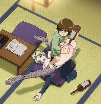 1girl absurdres age_difference alcohol alcohol_enema anal anal_object_insertion anus ass barefoot black_eyes blonde_hair blood blush bottle breasts breasts_out censored clothed_sex defloration drooling drunk enema feet fishnet_thighhighs fishnets from_above gintama hair_bun hetero highres indoors japanese_clothes jfbz large_breasts legs legs_up lying mosaic_censoring nipples no_panties object_insertion on_back penis piledriver_(sex) pussy rape saliva sex shota shotadom table thighhighs thighs toes tsukuyo_(gintama) upside-down vaginal