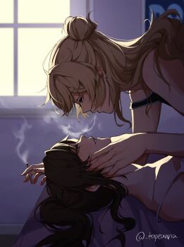 Rule 34 | 2girls, black hair, blonde hair, character request, cigarette, copyright request, ear piercing, hand on another's face, highres, holding, holding cigarette, long hair, looking at another, multiple girls, parted lips, piercing, smoke, tapeanna, twitter username, window, yuri