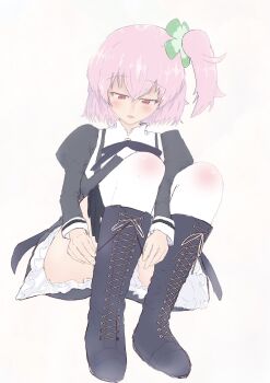 1girl assault_lily black_boots black_ribbon black_skirt blush boots clover_hair_ornament commentary_request convenient_leg dalia_(flagdali) four-leaf_clover_hair_ornament frilled_skirt frills full_body gradient_background grey_background hair_between_eyes hair_ornament highres hitotsuyanagi_riri juliet_sleeves knee_boots knees_up lace-up_boots leg_ribbon long_sleeves looking_at_self looking_down neck_ribbon one_side_up parted_lips pink_eyes pink_hair puffy_sleeves ribbon school_uniform short_hair sitting skirt solo thigh_ribbon thighhighs tying_footwear white_thighhighs yurigaoka_girls_academy_school_uniform