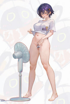 1girl absurdres barefoot belle_(zenless_zone_zero) blue_hair bottomless breasts censored clothes_lift electric_fan eous_(zenless_zone_zero) female_pubic_hair full_body green_eyes hair_between_eyes hair_ornament highres kryp132 large_breasts open_mouth pubic_hair shirt shirt_lift short_hair short_sleeves solo white_shirt zenless_zone_zero