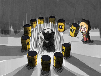 1girl 1other barrel blonde_hair blue_archive cowering daemonhost floating_hands hair_ribbon highres madness_combat momoi_(blue_archive) motion_lines parody psyker red_eyes ribbon shadow sidelocks spartagordon tress_ribbon trolling warhammer_40k warhammer_40k:_darktide