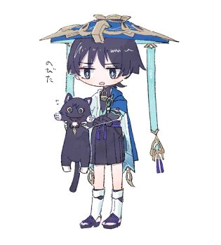 1boy alumisael_gnsn animal animalization aqua_gemstone armor belt black_belt black_bodysuit black_bow black_bridal_gauntlets black_cat black_eyes black_hair black_sandals black_shorts blue_belt blue_cape blue_hat blue_kimono blue_sleeves blunt_ends bodysuit bow bridal_gauntlets bridal_legwear cape cat clothing_cutout eyeliner eyeshadow feathers flying_sweatdrops full_body furisode gem genshin_impact gold grey_pupils hakama hakama_shorts hat highres hip_vent holding holding_animal holding_cat japanese_armor japanese_clothes jingasa juban kimono kote kurokote layered_sleeves leg_warmers light_blush looking_at_animal makeup male_focus mandarin_collar open_clothes open_kimono open_mouth person_and_animalization pleated_shorts pom_pom_(clothes) purple_sash red_eyeliner red_eyeshadow sandals sash scaramouche_(cat)_(genshin_impact) scaramouche_(genshin_impact) short_sleeves shorts shoulder_peek sketch stirrup_legwear string tassel toeless_legwear wanderer_(genshin_impact) white_background white_kimono white_leg_warmers white_sleeves wispy_bangs yellow_feathers zouri