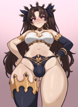 1futa absurdres armlet bikini black_bikini black_bow black_gloves black_thighhighs blush bow breasts brown_hair bulge cleavage closed_mouth covered_penis covered_testicles cowboy_shot fate/grand_order fate_(series) flaccid from_below futanari gloves gold gold_trim hair_bow hands_on_own_hips highres ishtar_(fate) jewelry long_hair looking_at_viewer medium_breasts mismatched_bikini navel neck_ring red_eyes simple_background single_glove single_thighhigh smile smirk solo standing swimsuit testicles thighhighs thighs tiara two_side_up very_long_hair white_bikini zerhin