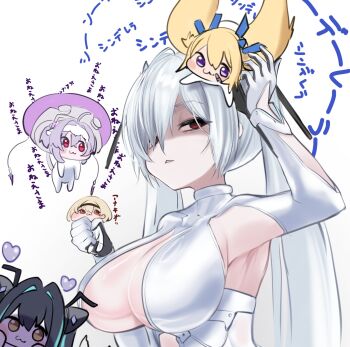 5girls annoyed aqua_hair armpit_cutout bandaid bandaid_on_cheek bandaid_on_face black_hair blonde_hair bodysuit breasts cinderella_(nikke) cleavage clothing_cutout colored_inner_hair commentary_request creature doro_(nikke) dress frown goddess_of_victory:_nikke hair_intakes hair_over_one_eye hairband hangariita highres laplace_(nikke) large_breasts liberalio_(nikke) little_mermaid_(nikke) long_hair looking_at_another medium_hair multicolored_hair multiple_girls old_tales_(nikke) one_eye_covered purple_eyes purple_hair red_eyes red_shoes_(nikke) see-through_bodysuit see-through_clothes see-through_dress smile stomach_cutout twintails very_long_hair white_bodysuit white_hair yellow_eyes
